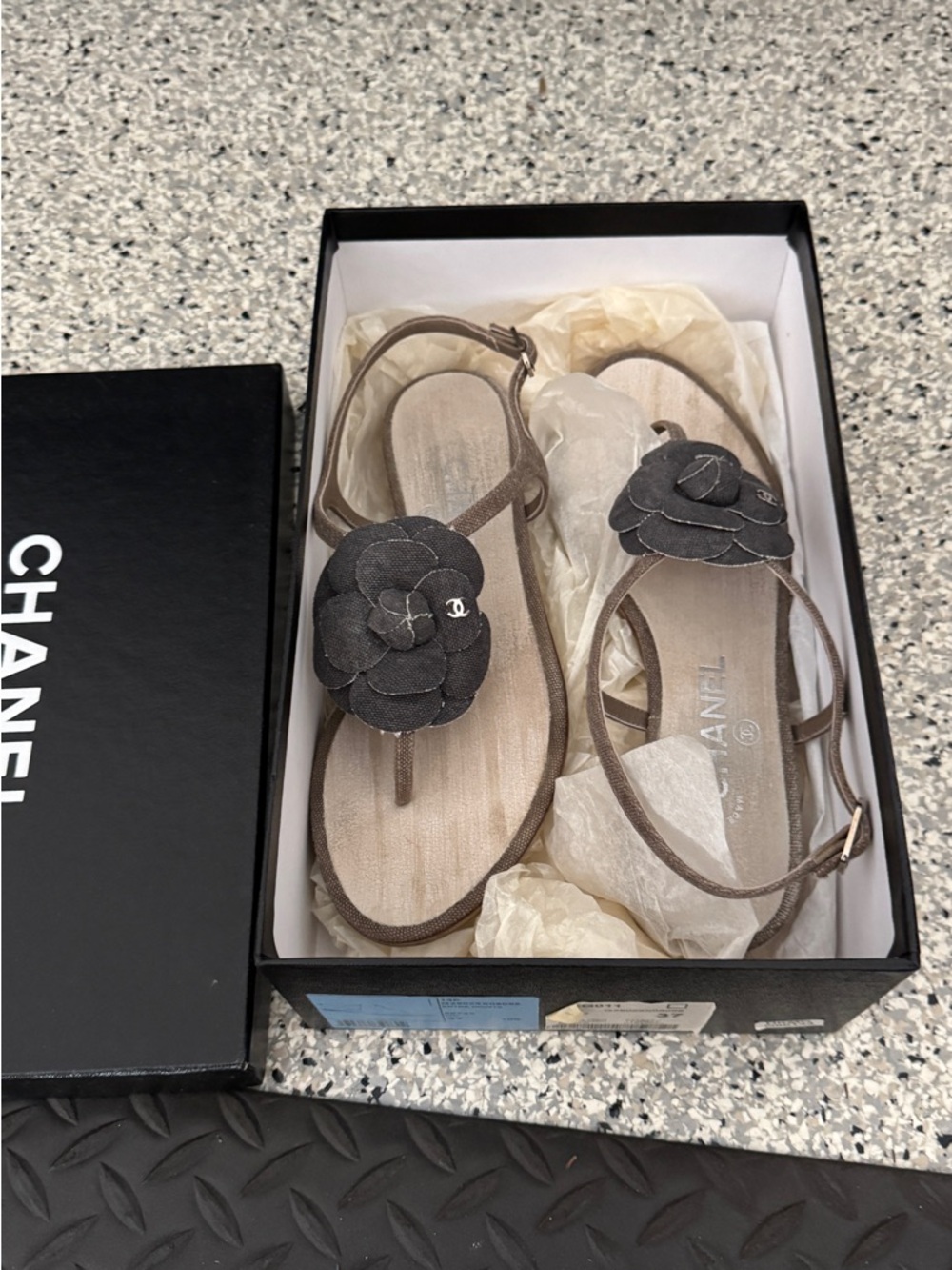 CHANEL Taupe Leather Camellia Thong Sandals with Black Flower